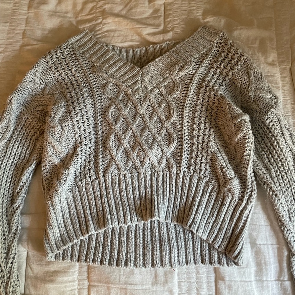 American Eagle Grey Cropped Cable Knit Sweater